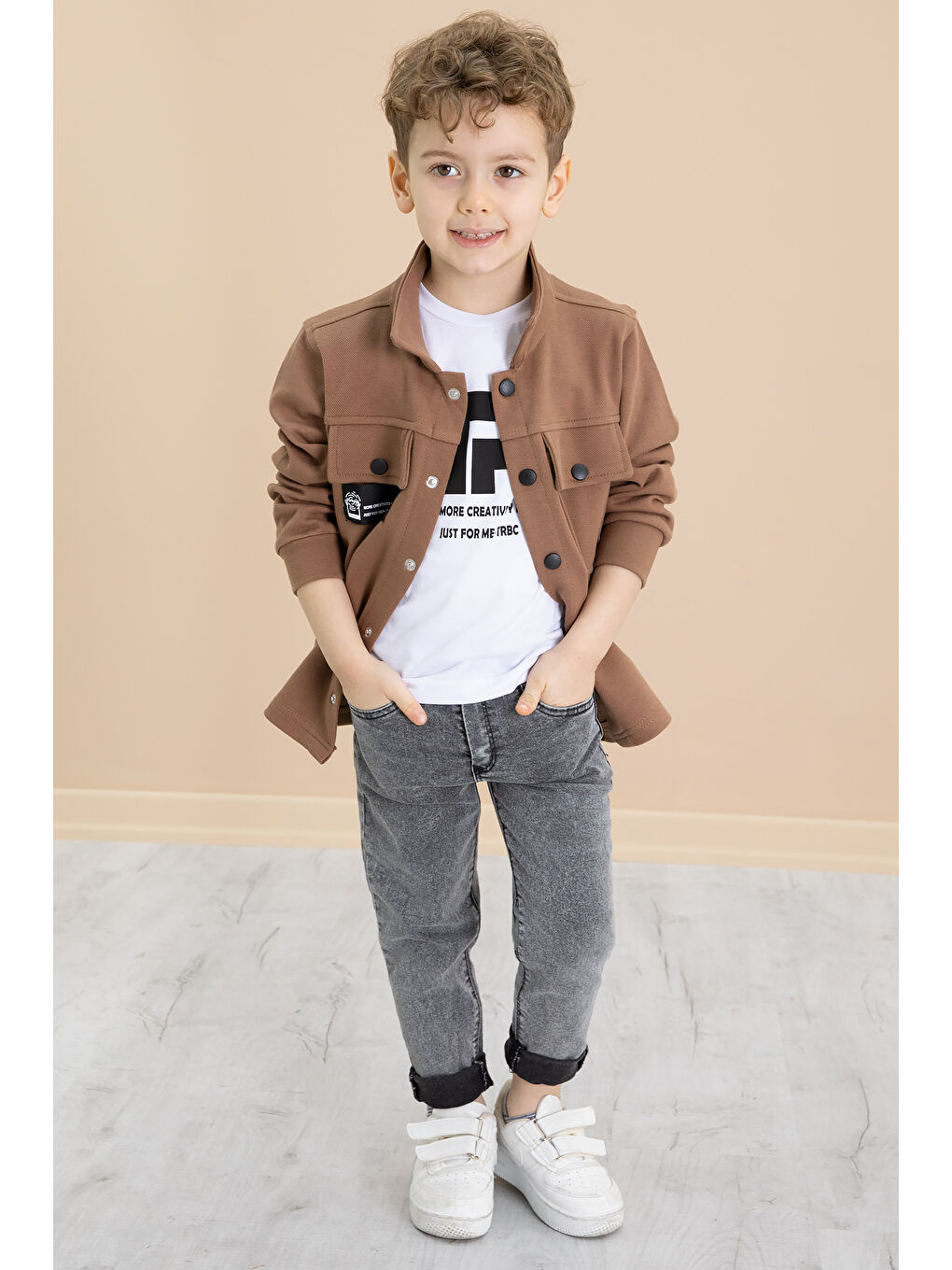 Kahverengi Taba Cep Kapaklı Gömlekli Jean Pantolonlu Erkek Çocuk 3'lü Takım 20024