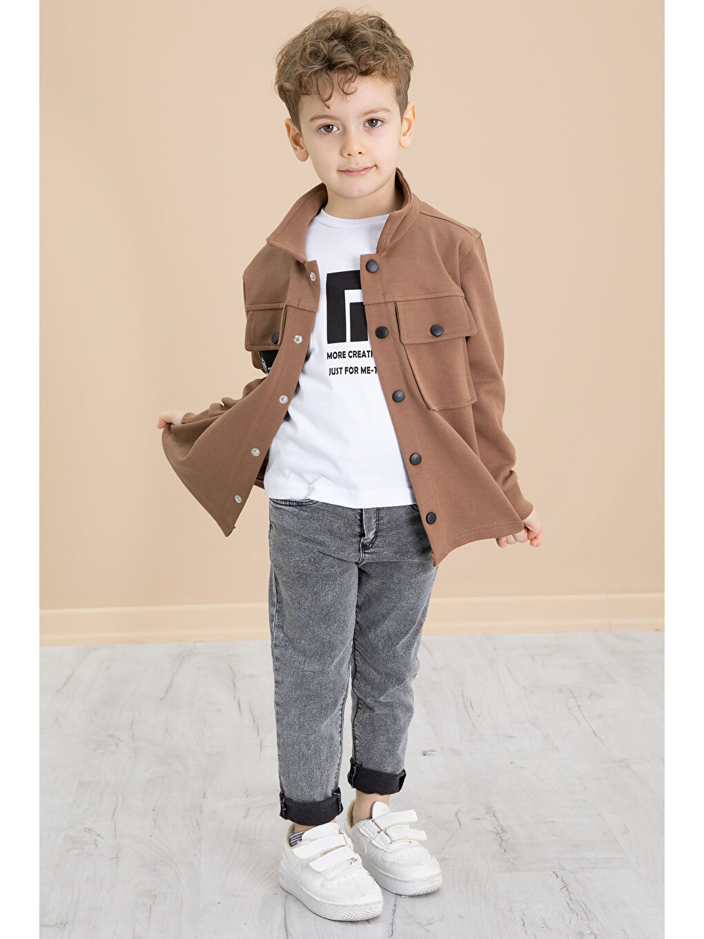 Kahverengi Taba Cep Kapaklı Gömlekli Jean Pantolonlu Erkek Çocuk 3'lü Takım 20024-3