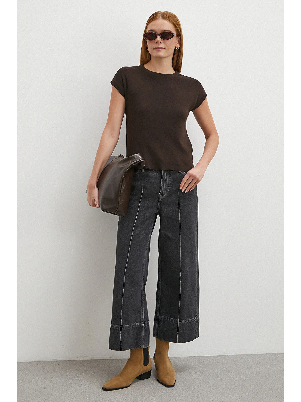 Gri Yüksek Bel Paça Detaylı Jean Füme-2