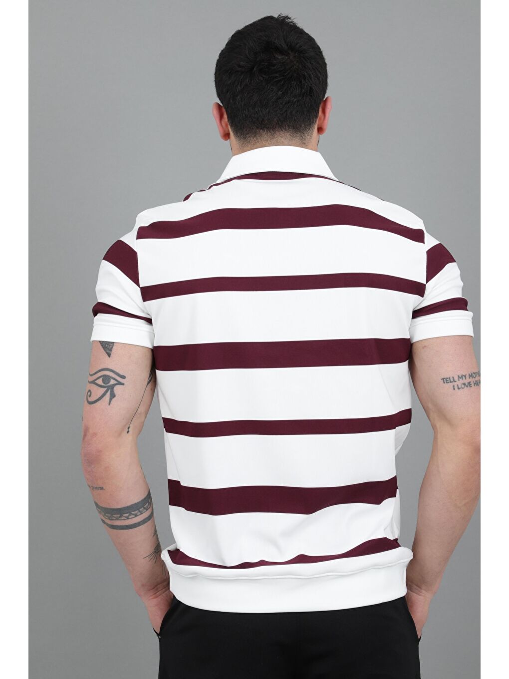 Mürdüm Çift Renk Çizgili Apaç Yaka Tişört GP 1042_30494-5