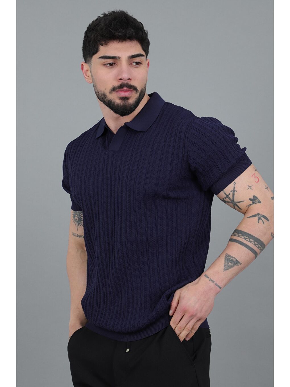Lacivert Apaç Yaka Örgü Triko Tişört JRX 5003_30495-2