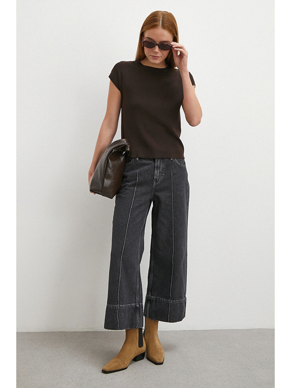 Gri Yüksek Bel Paça Detaylı Jean Füme-3