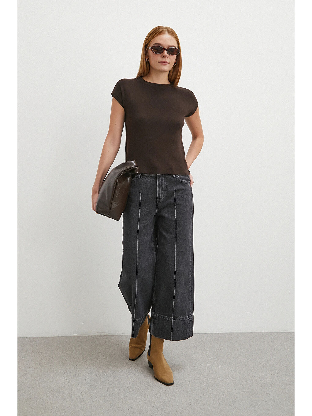 Gri Yüksek Bel Paça Detaylı Jean Füme-4