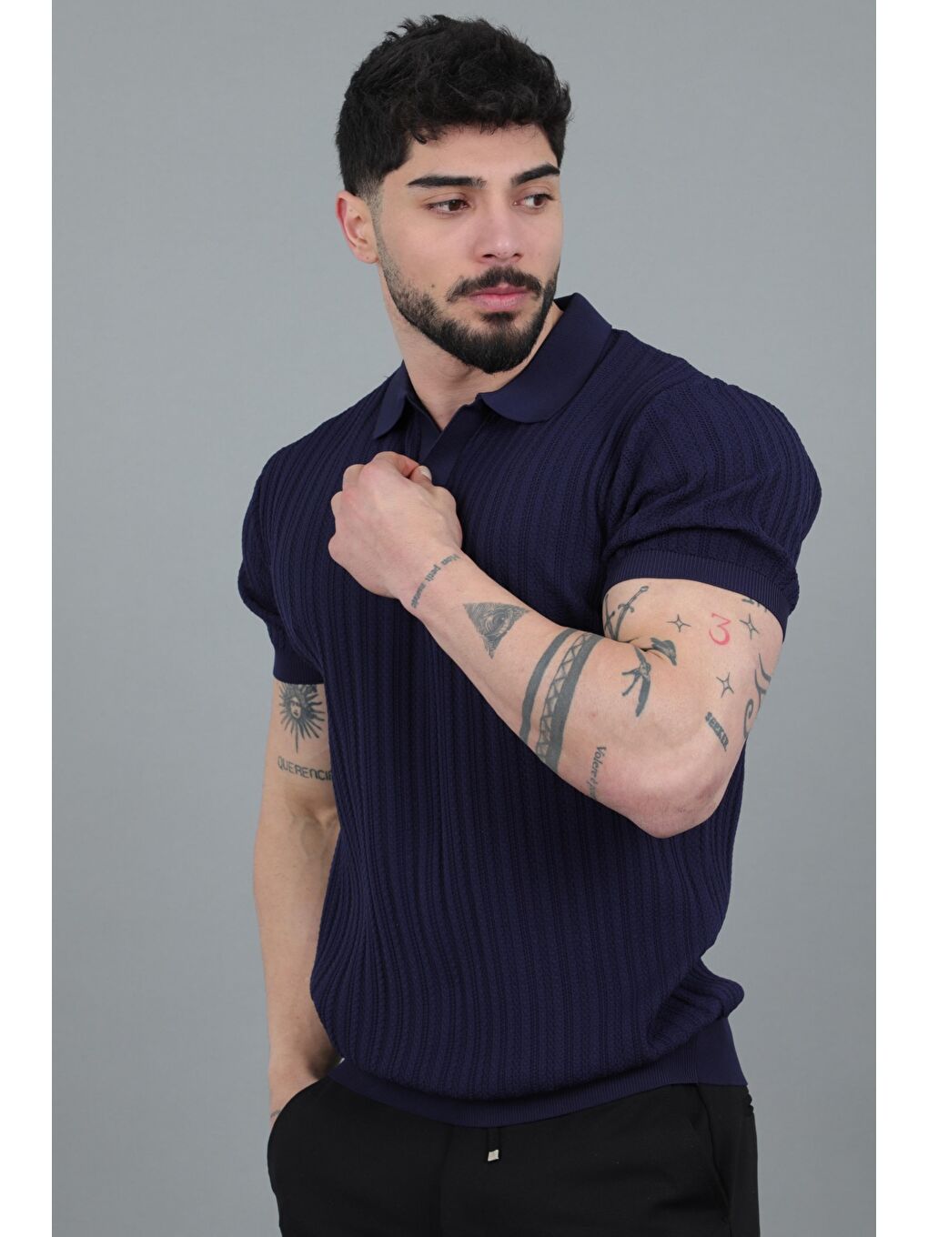 Lacivert Apaç Yaka Örgü Triko Tişört JRX 5003_30495-3