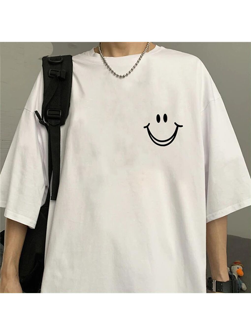 Touz Moda Beyaz Smile Baskılı Beyaz Unisex Oversize T-shirt