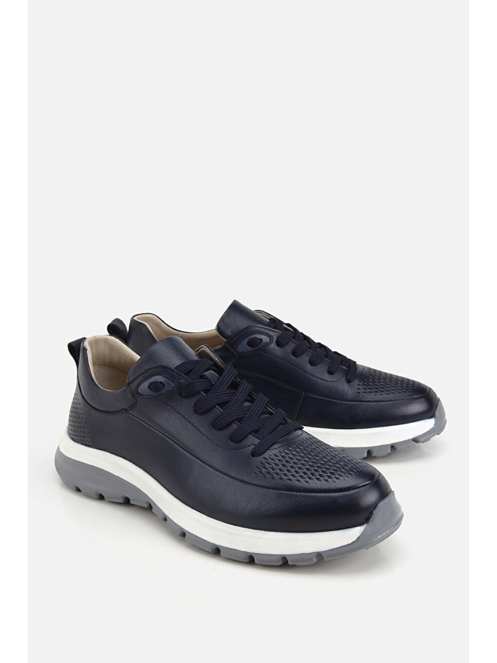 Erkek Lacivert Deri Kontrast Tabanlı Bağcıklı Sneaker-1