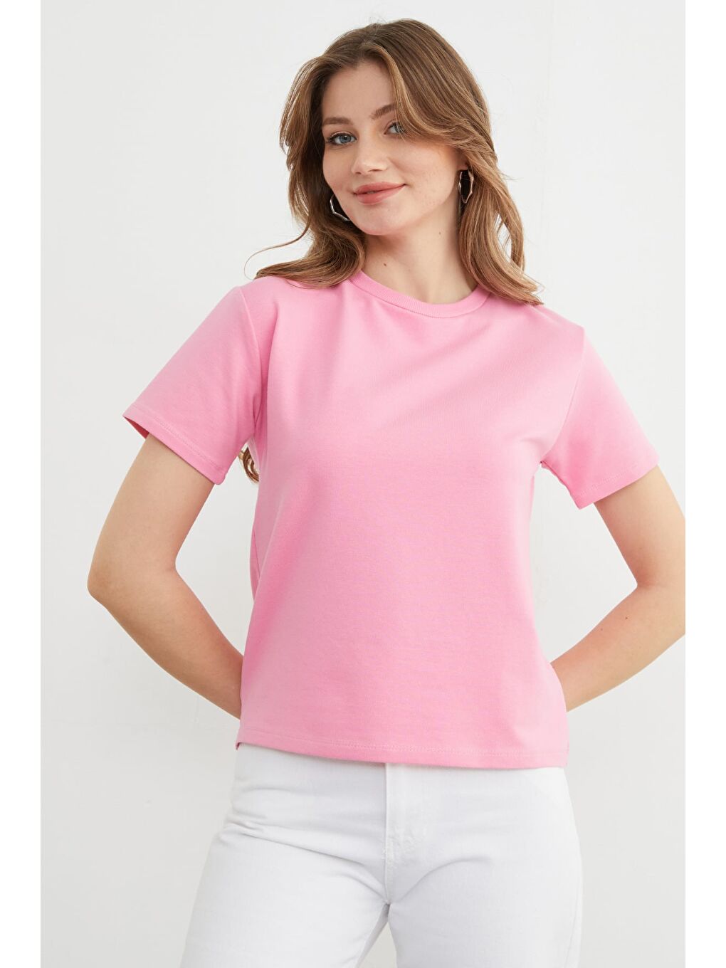 Pembe Basic Bisiklet Yaka Tişört-2