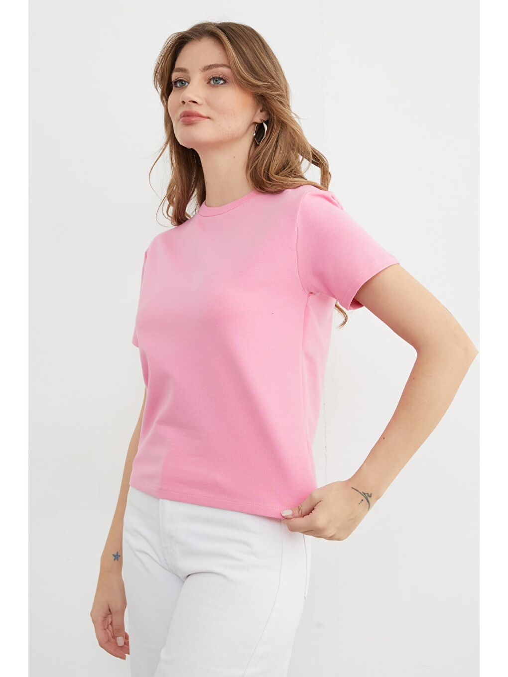 Pembe Basic Bisiklet Yaka Tişört-3