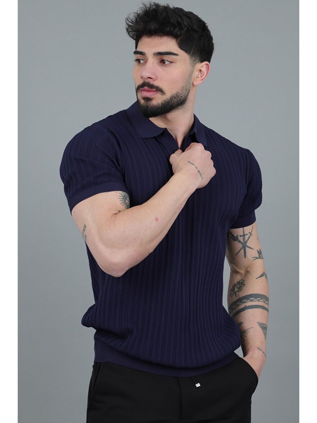 Lacivert Apaç Yaka Örgü Triko Tişört JRX 5003_30495-4