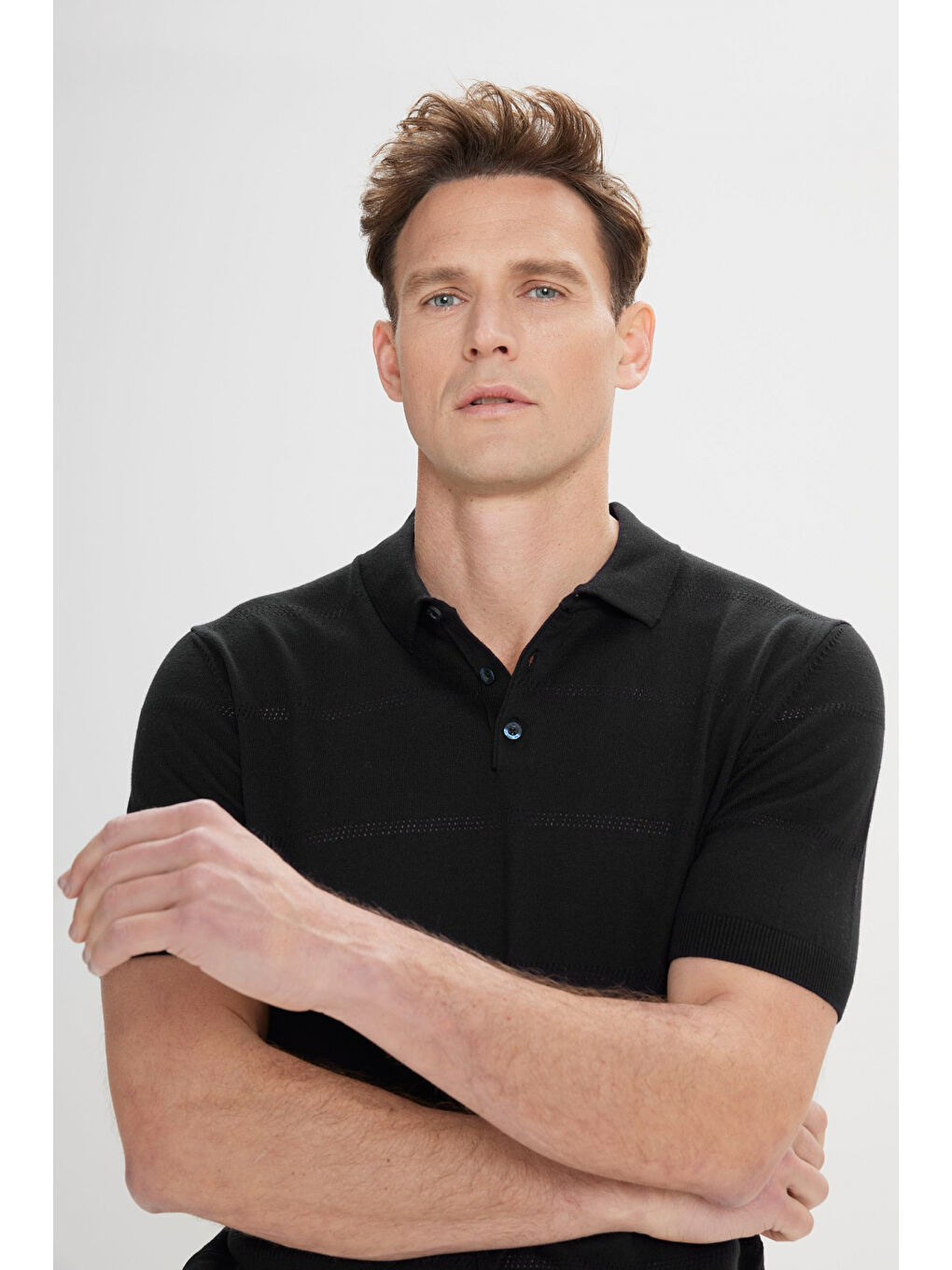 Erkek Siyah Standart Fit Normal Kesim %100 Pamuk Jakarlı Polo Yaka Triko Tişört-3