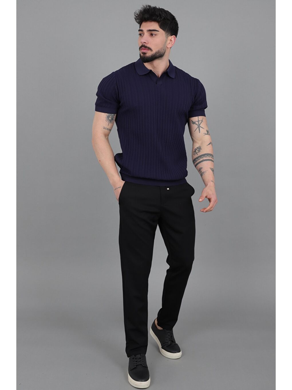 Lacivert Apaç Yaka Örgü Triko Tişört JRX 5003_30495-5