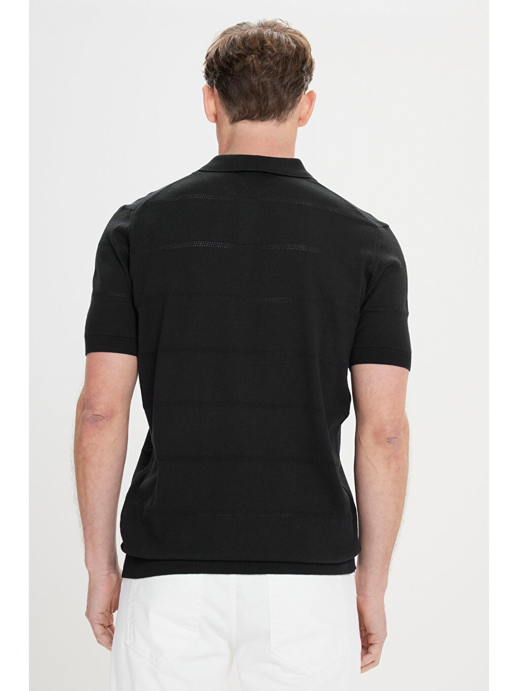 Erkek Siyah Standart Fit Normal Kesim %100 Pamuk Jakarlı Polo Yaka Triko Tişört-4