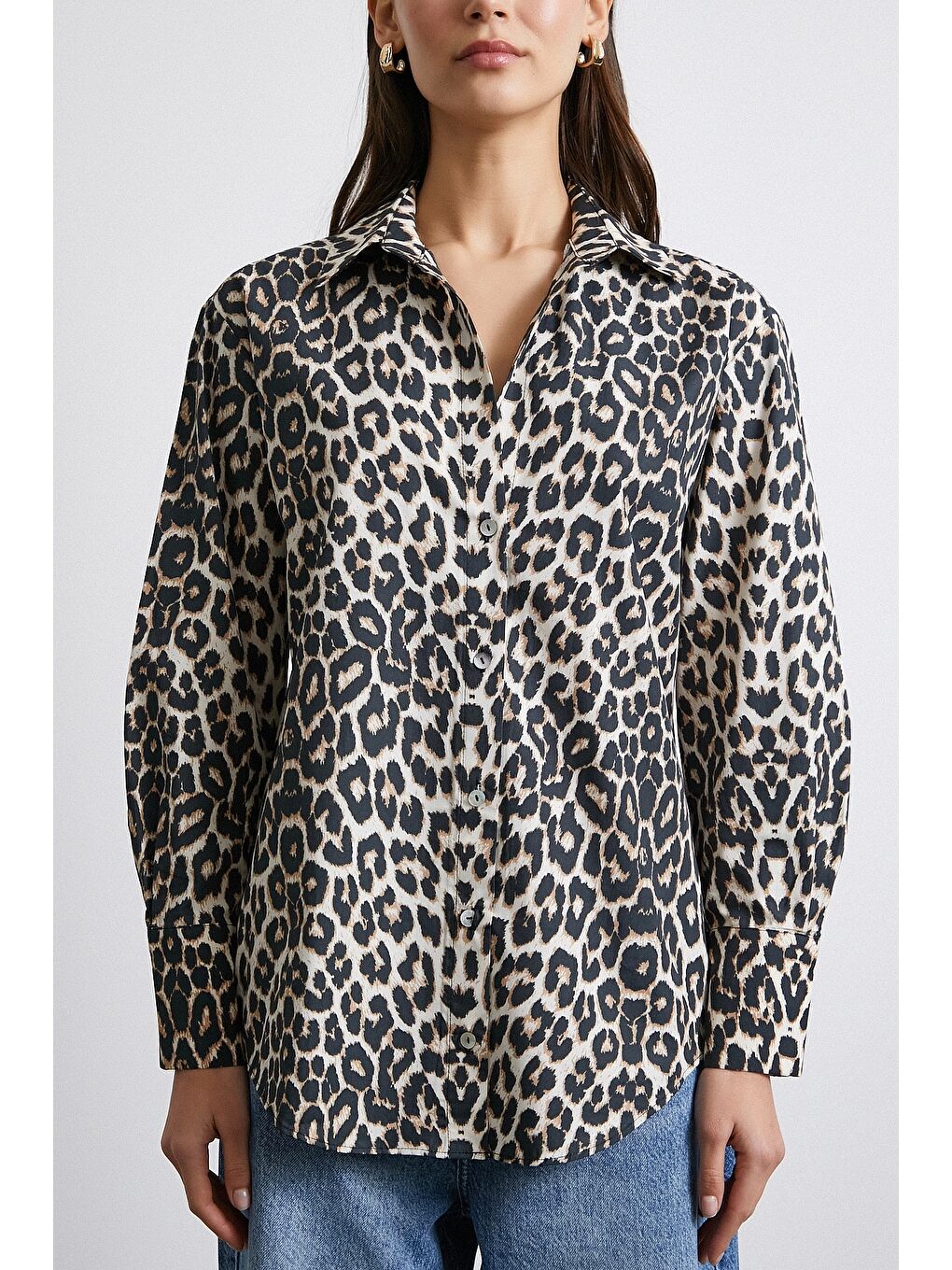 Leopar Desenli Saten Gömlek Bej-1