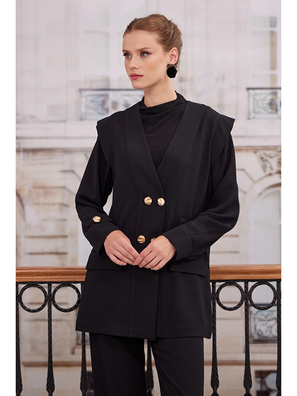 Kruvaze Blazer Ceket Pantolon Takım Siyah