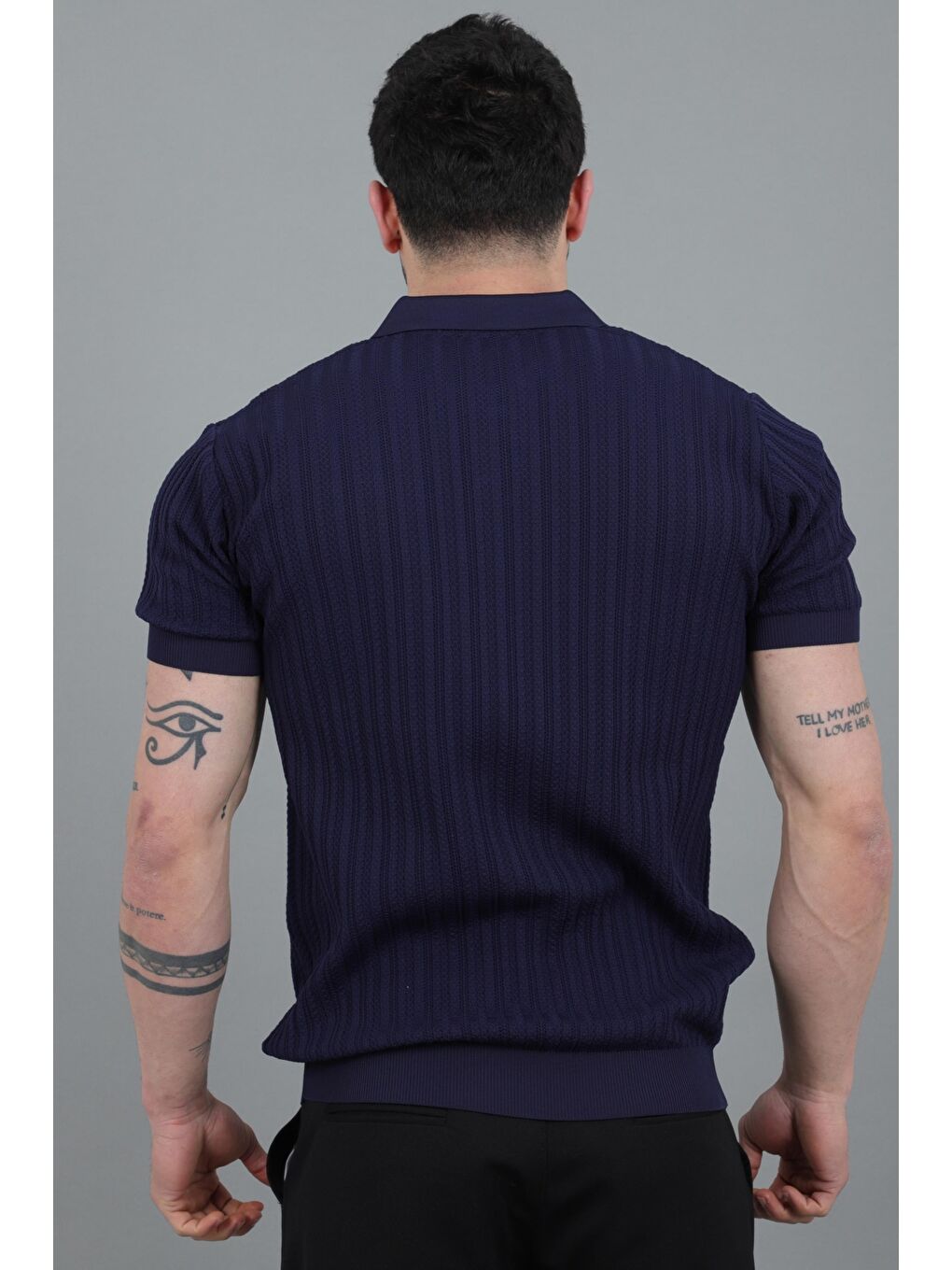 Lacivert Apaç Yaka Örgü Triko Tişört JRX 5003_30495-6