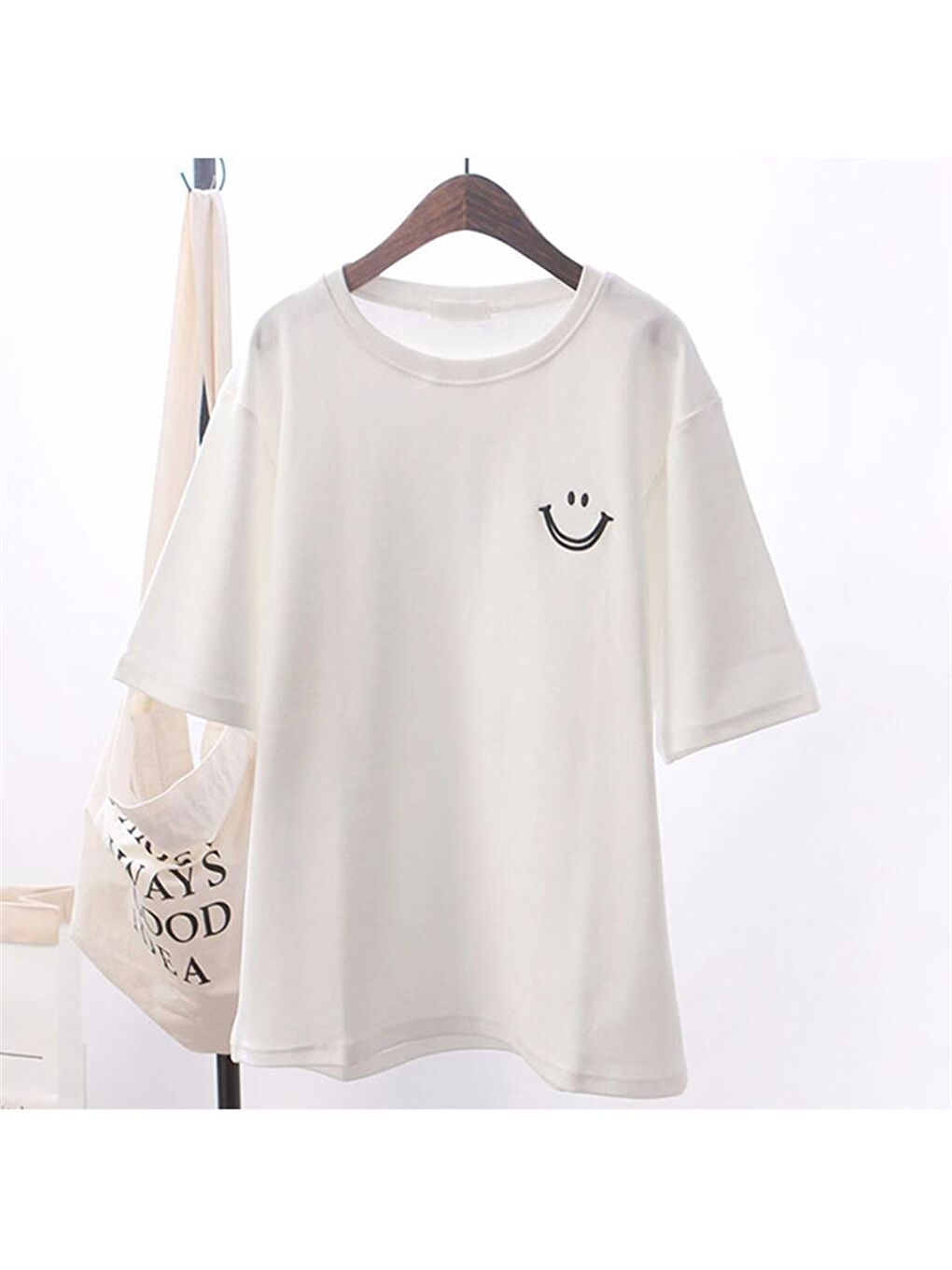 Touz Moda Beyaz Smile Baskılı Beyaz Unisex Oversize T-shirt - 2