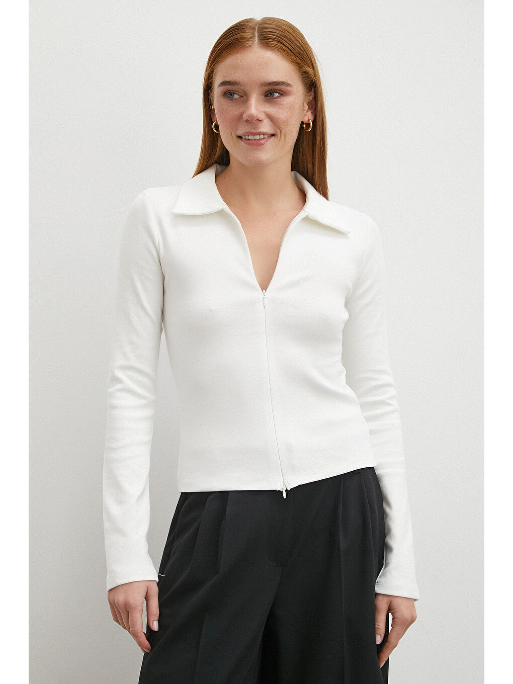 Yakalı Çift Fermuarlı Bluz Beyaz-2