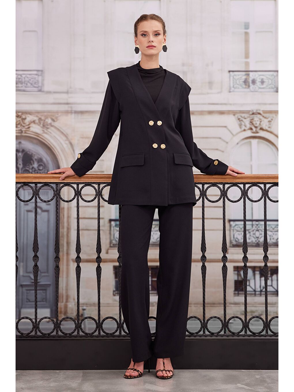 Kruvaze Blazer Ceket Pantolon Takım Siyah-1