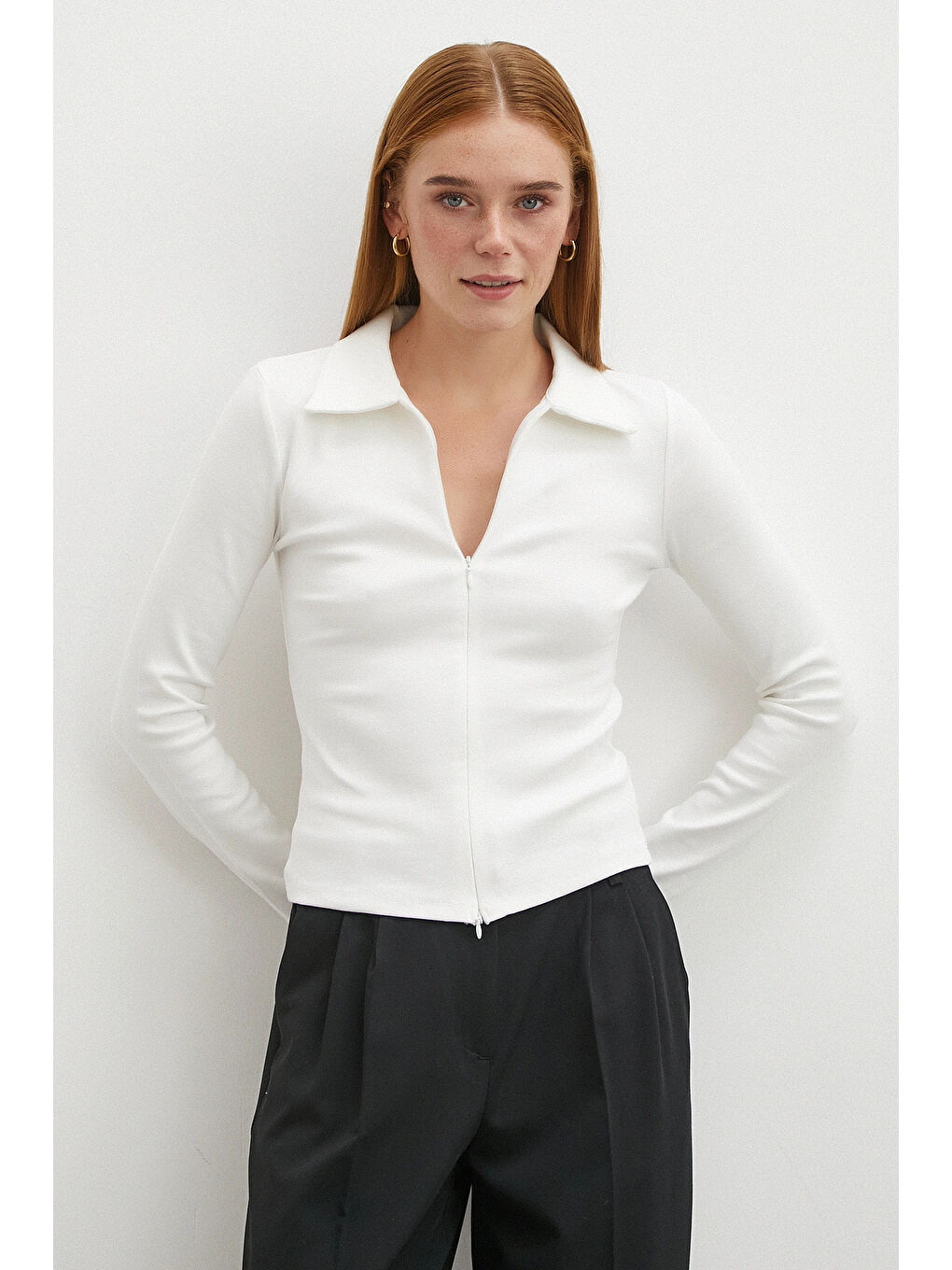 Yakalı Çift Fermuarlı Bluz Beyaz-3