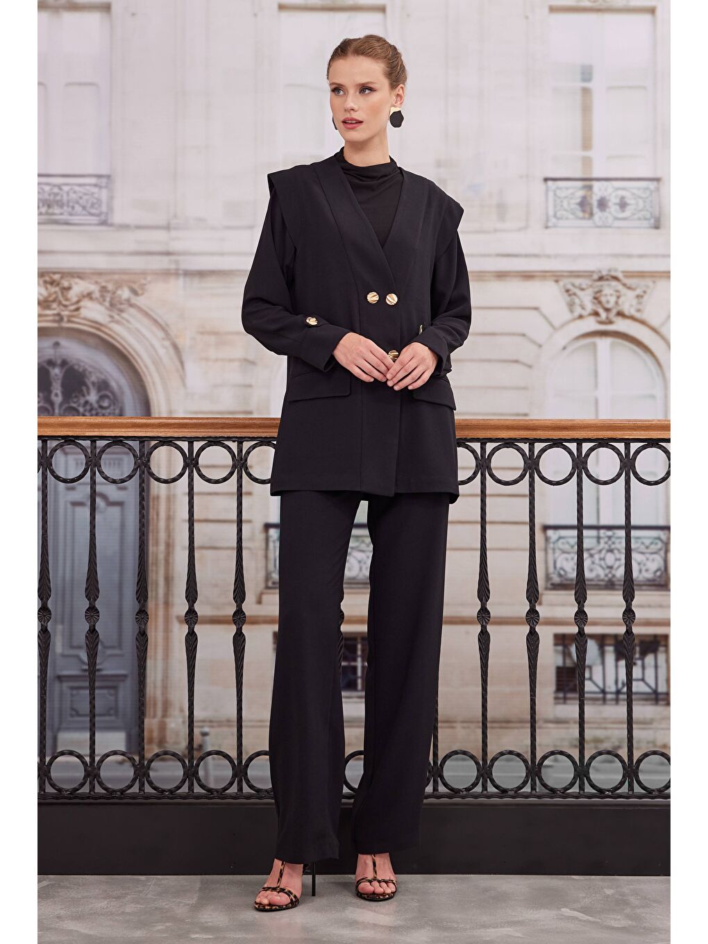 Kruvaze Blazer Ceket Pantolon Takım Siyah-2