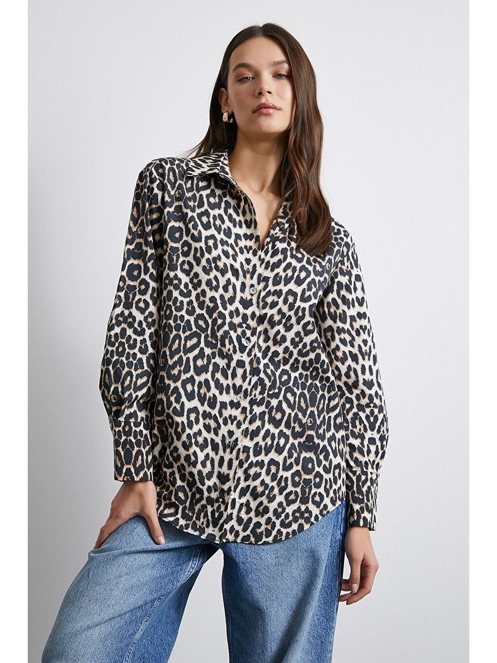 Leopar Desenli Saten Gömlek Bej-4