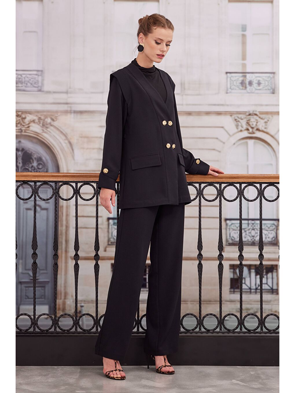 Kruvaze Blazer Ceket Pantolon Takım Siyah-4