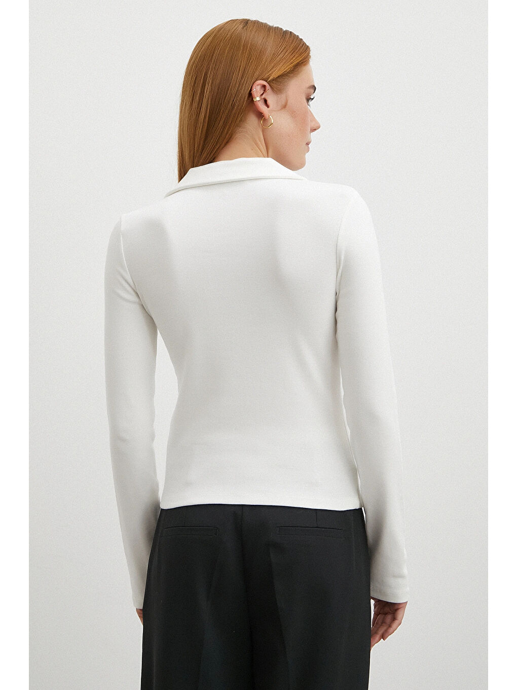 Yakalı Çift Fermuarlı Bluz Beyaz-5