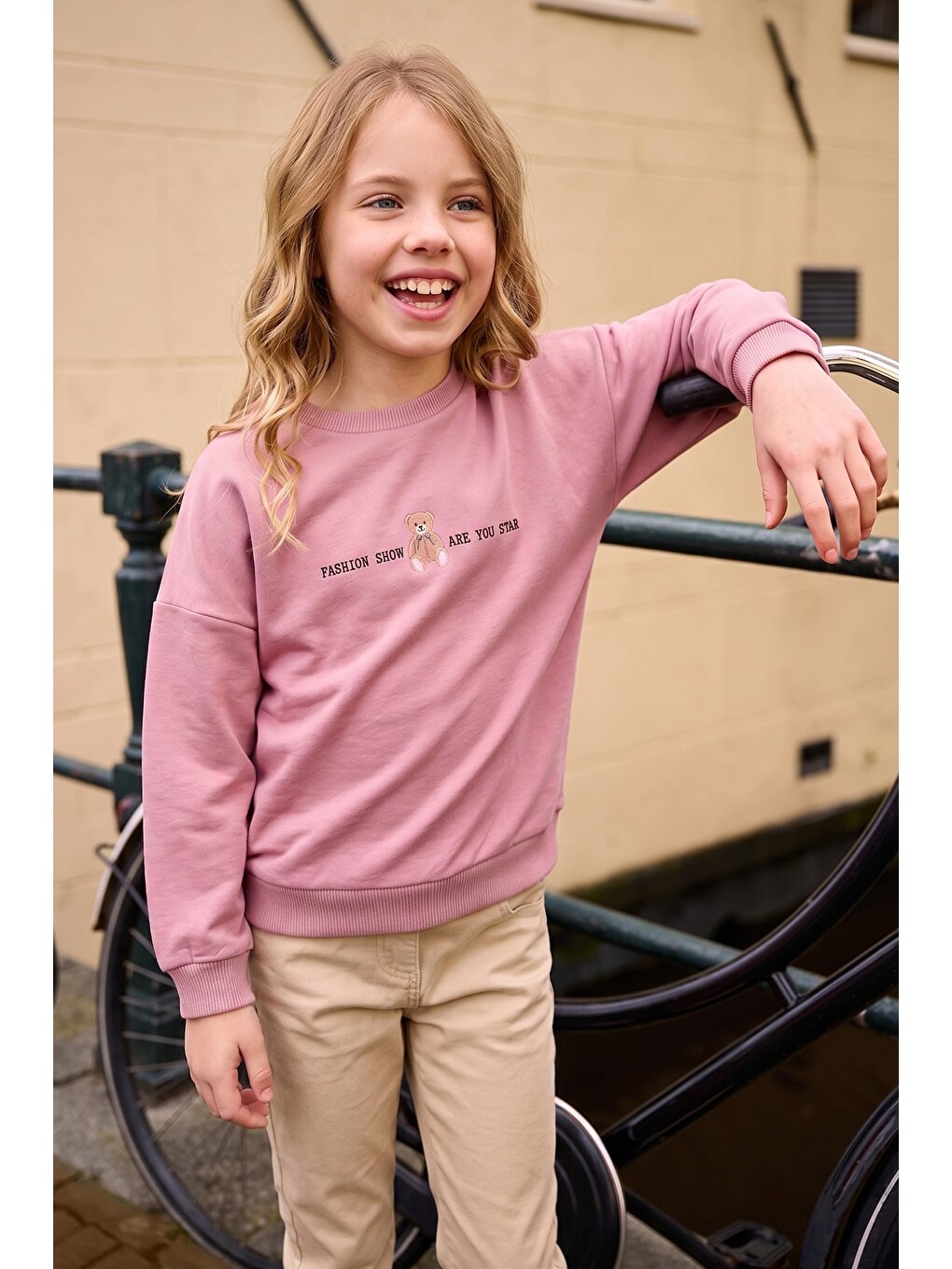 Pembe Ayıcık Baskılı Oversize Kız Çocuk Sweatshirt