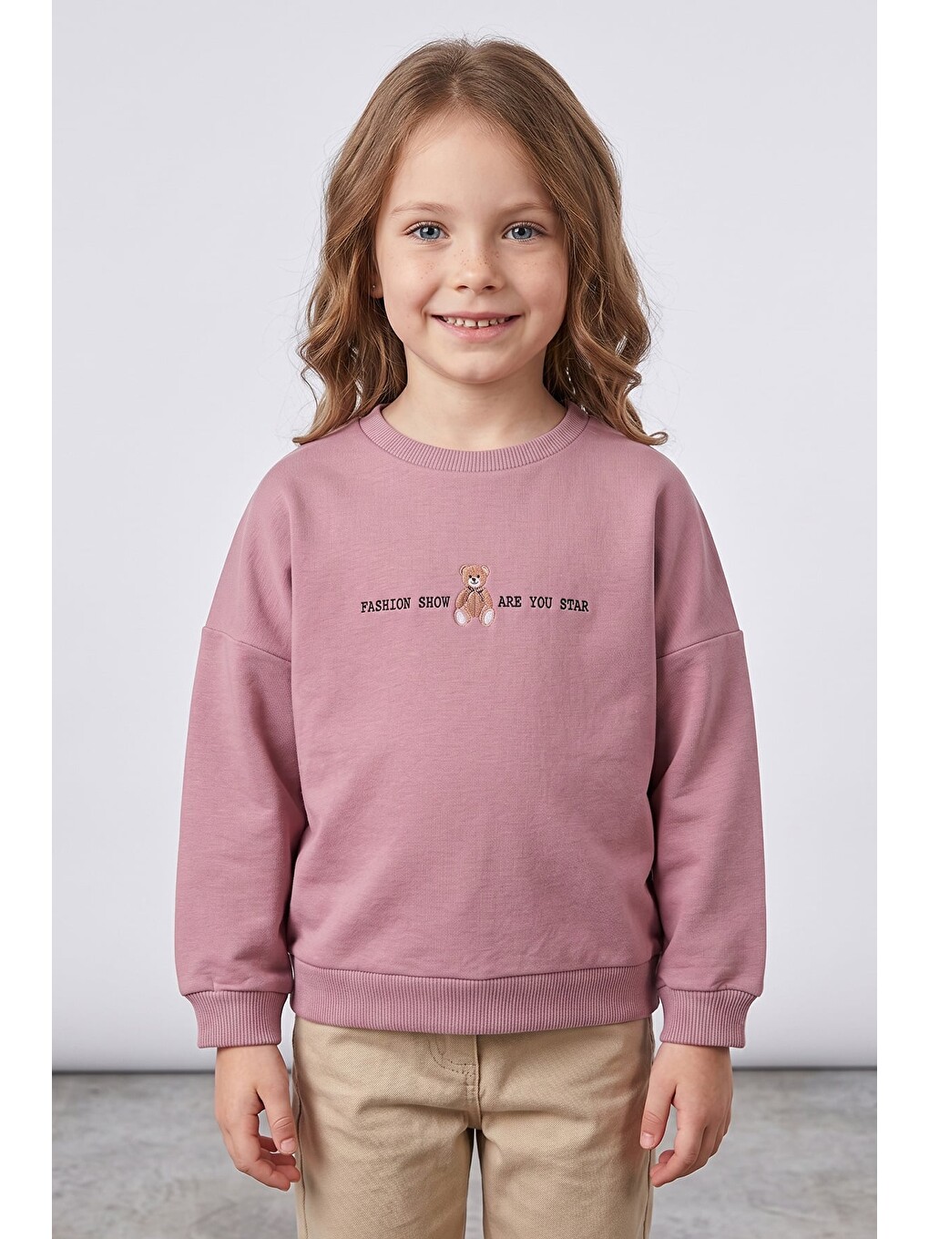 Pembe Ayıcık Baskılı Oversize Kız Çocuk Sweatshirt-1