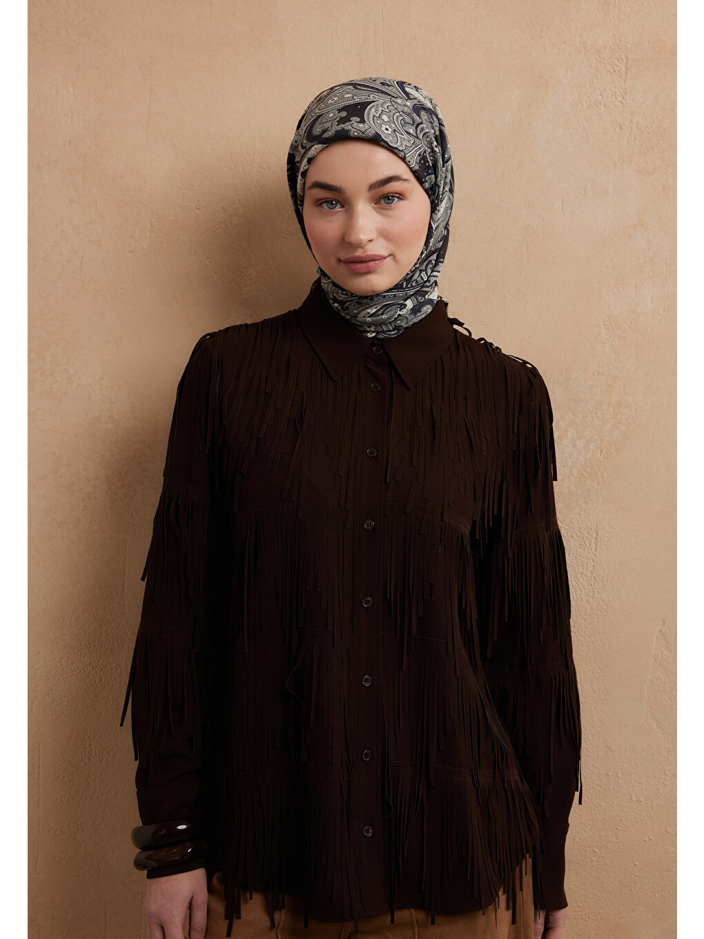 Kahverengi Siara Desen Pamuk İpek Eşarp Kestane-2