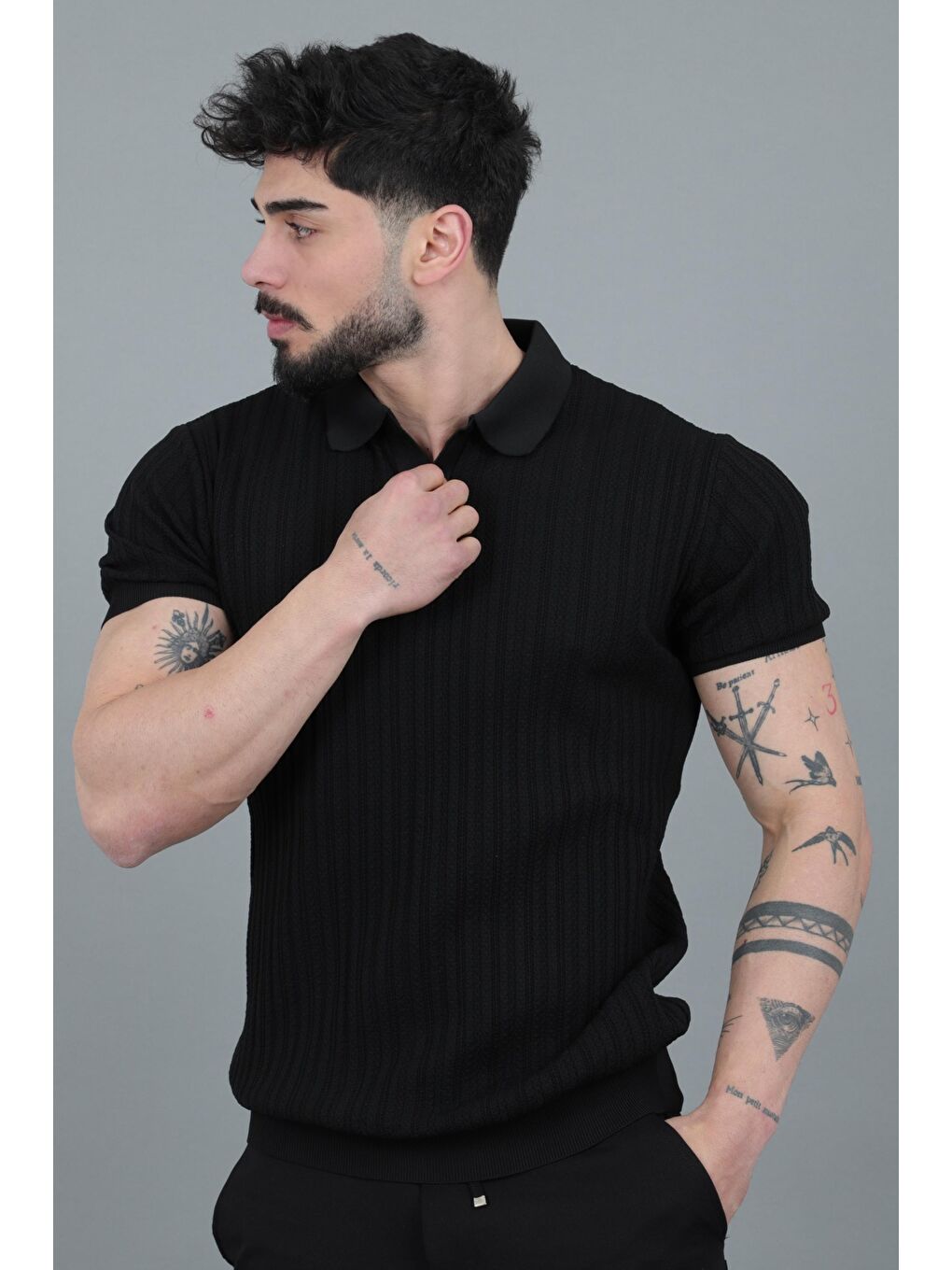 Siyah Apaç Yaka Örgü Triko Tişört JRX 5003_30495