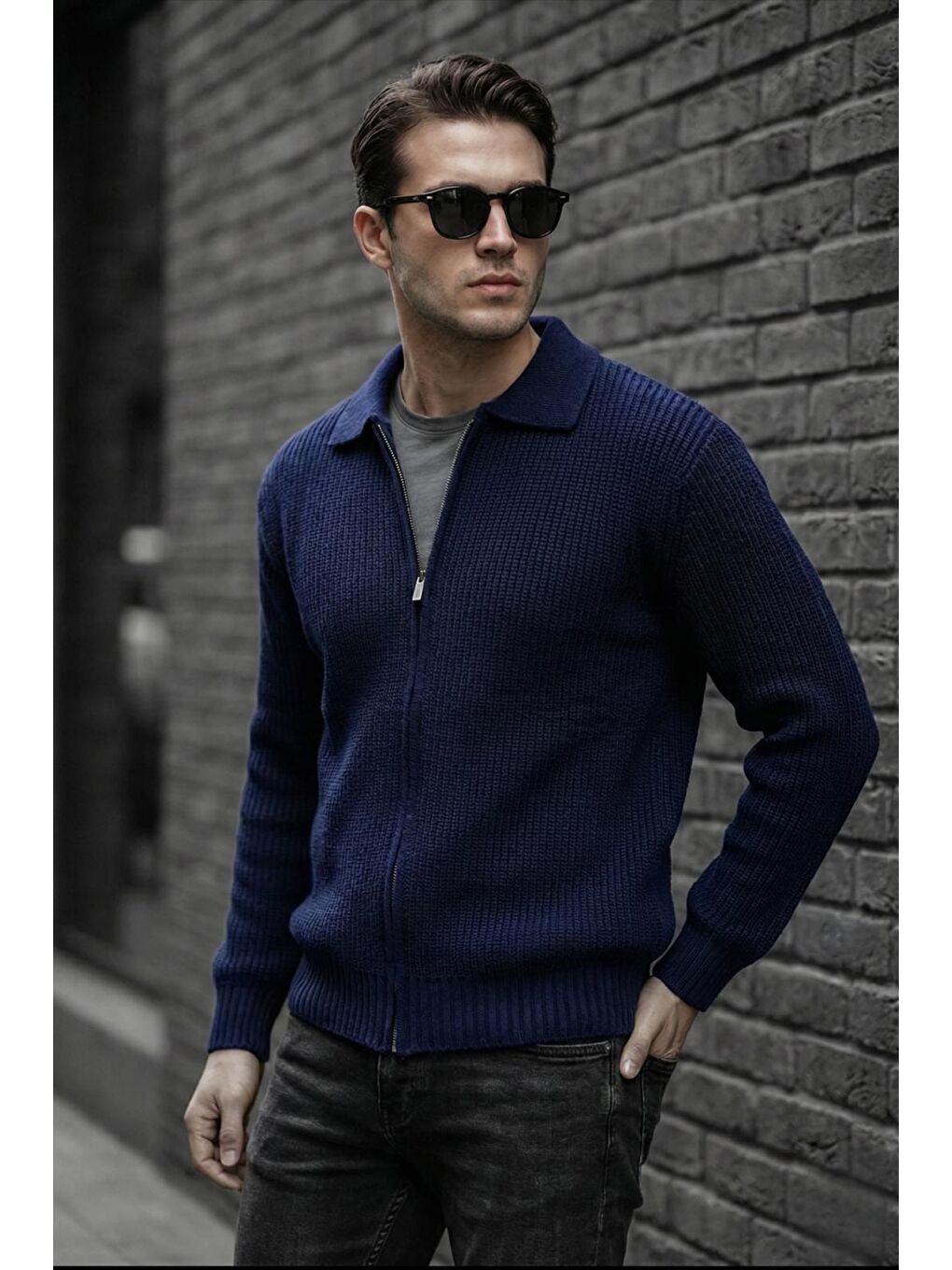 Lacivert Mams Erkek Slim Fit Fermuarlı Polo Yaka Ribanalı Triko Hırka