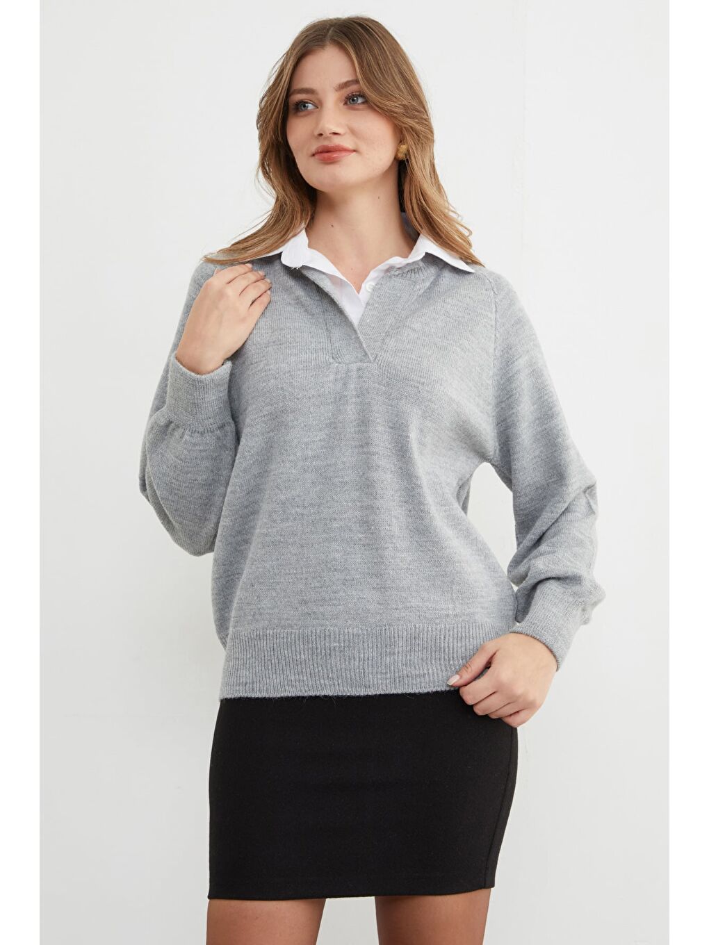 Gri Basic Gömlek Yaka Triko Kazak