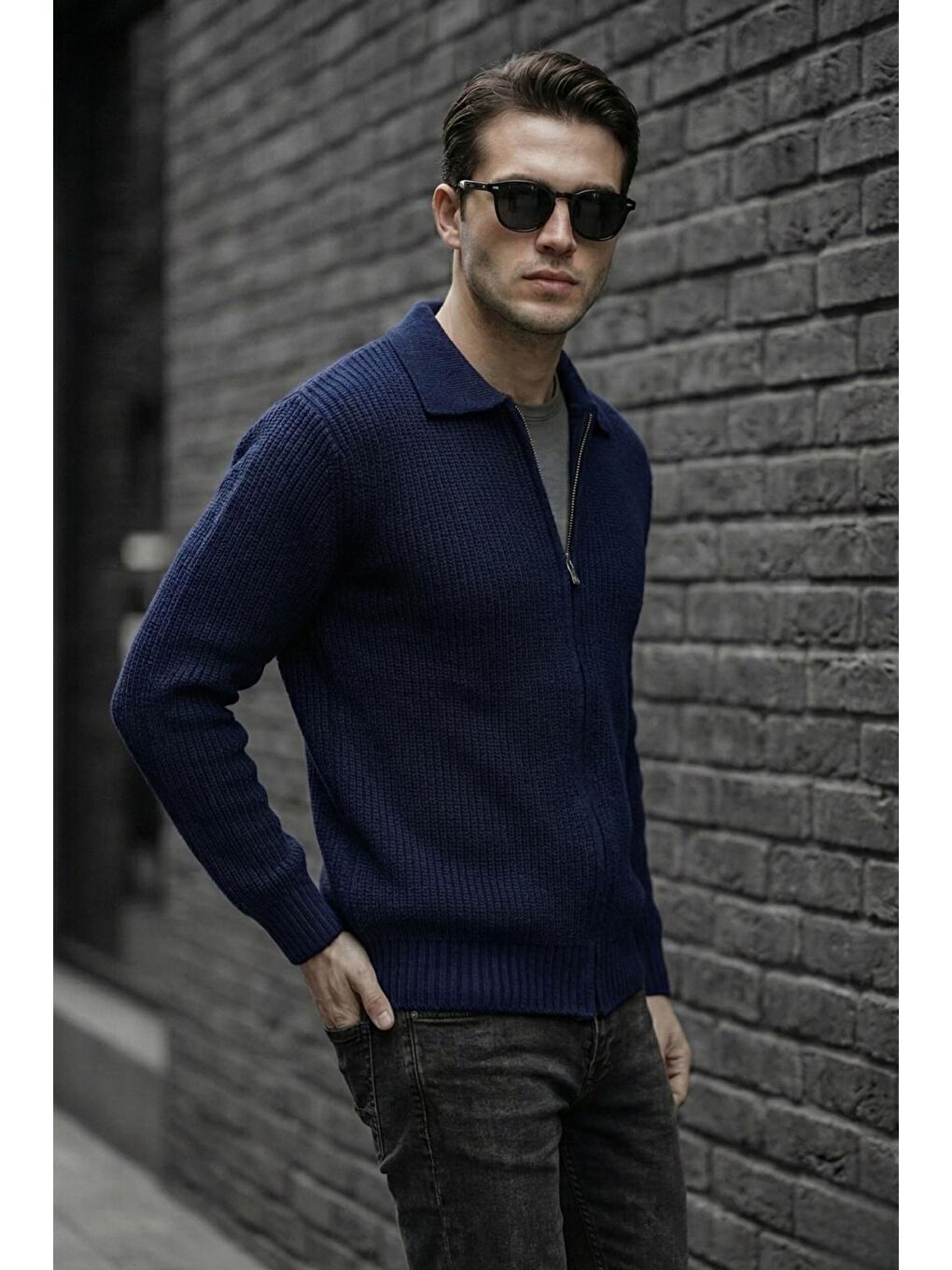 Lacivert Mams Erkek Slim Fit Fermuarlı Polo Yaka Ribanalı Triko Hırka-1