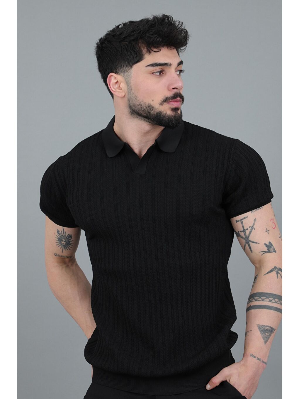 Siyah Apaç Yaka Örgü Triko Tişört JRX 5003_30495-1
