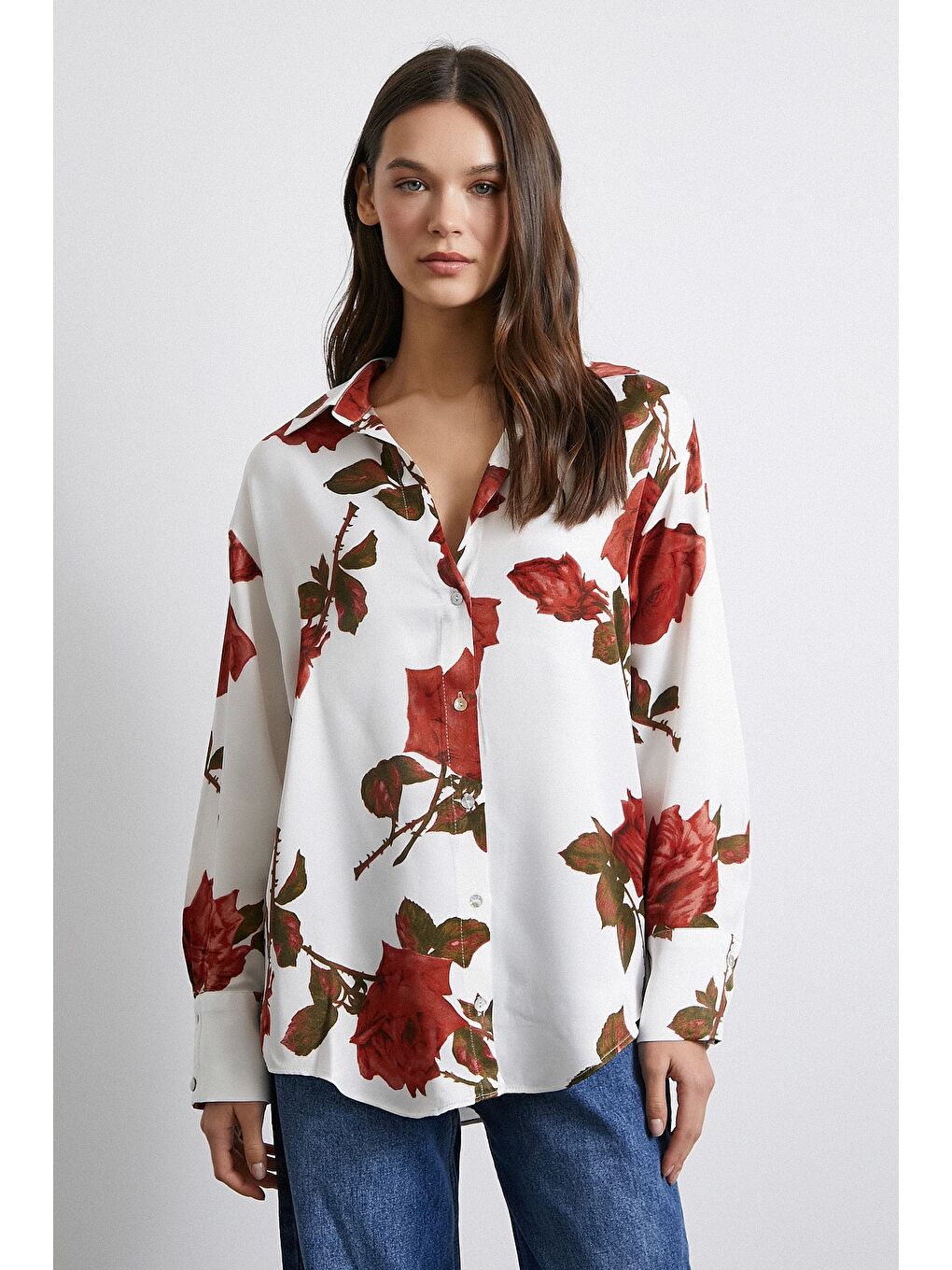 Gül Baskılı Saten Gömlek Beyaz-2