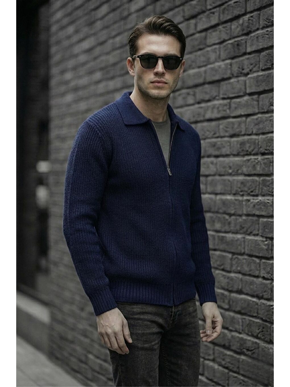 Lacivert Mams Erkek Slim Fit Fermuarlı Polo Yaka Ribanalı Triko Hırka-2