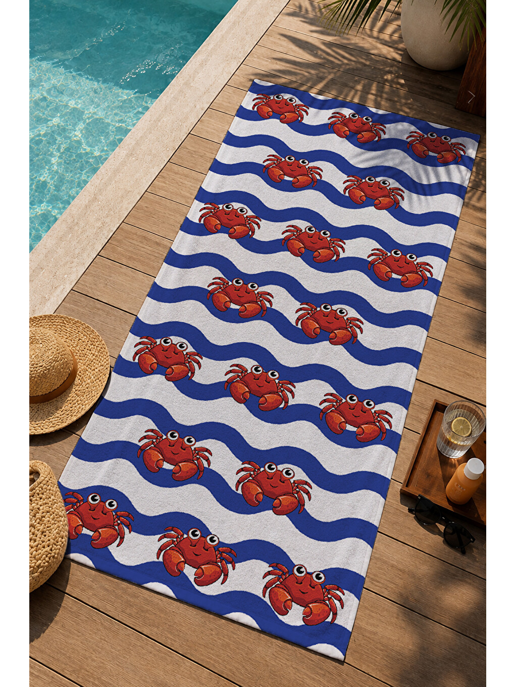 Lacivert Kırmızı Dalgalı Çizgili Yengeç Desenli 70x150 Cm Dijital Baskılı Plaj Ve Banyo Havlusu-2