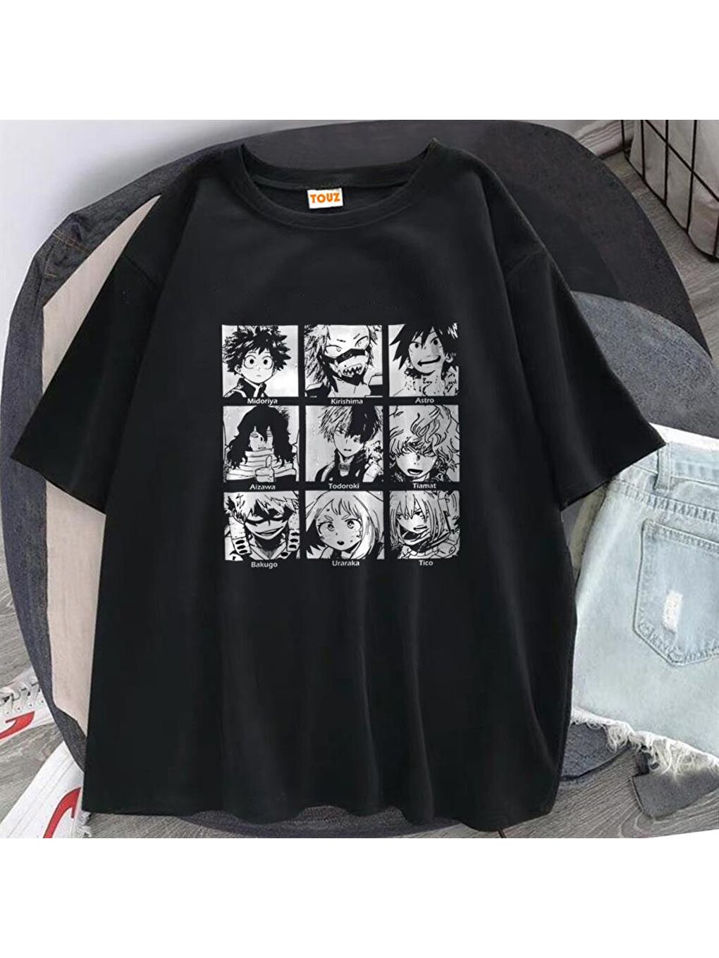 Touz Moda Siyah My Hero Academia Boku Baskılı Siyah Unisex Oversize T-shirt - 1