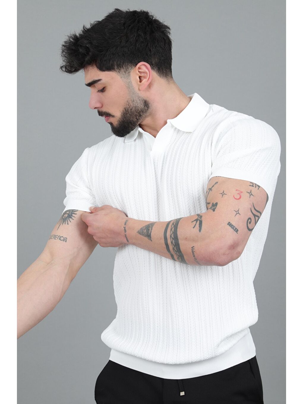Beyaz Apaç Yaka Örgü Triko Tişört JRX 5003_30495-1