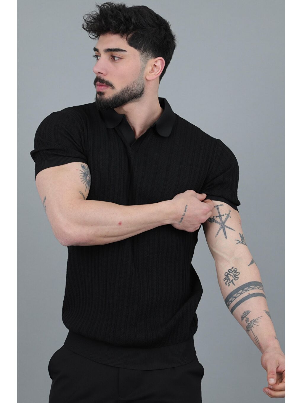 Siyah Apaç Yaka Örgü Triko Tişört JRX 5003_30495-2