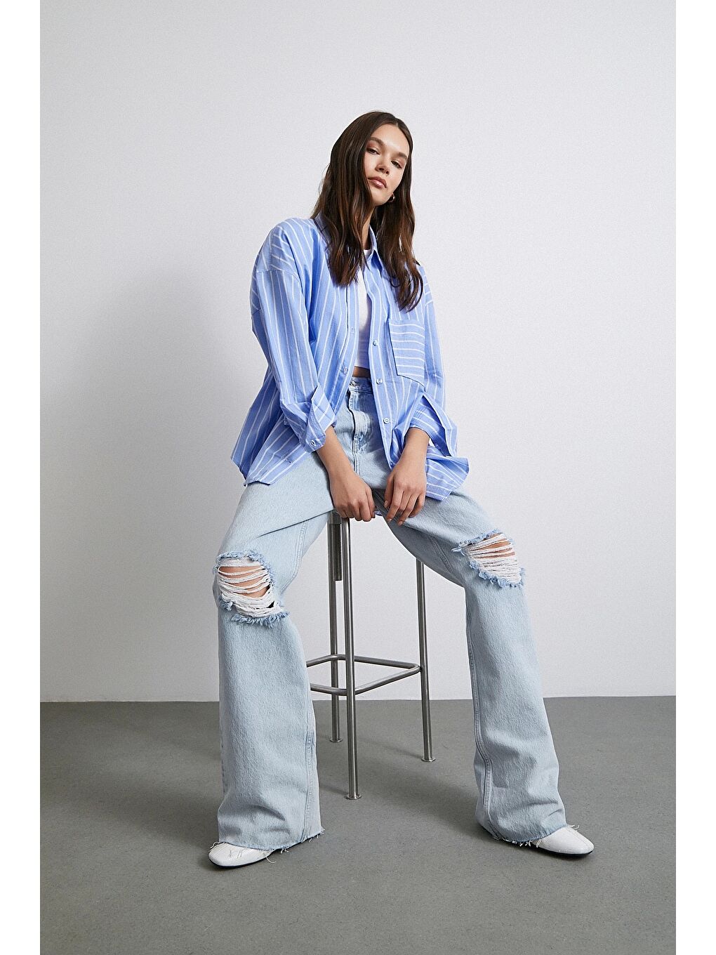 Basic Organik Pamuk Çizgili Gömlek Mavi