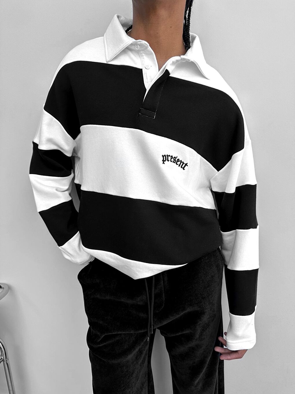 Erkek Oversize Polo Yaka Sweatshirt Siyah