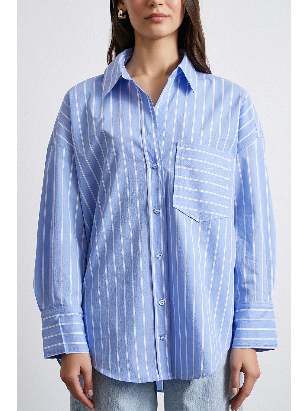 Basic Organik Pamuk Çizgili Gömlek Mavi-1