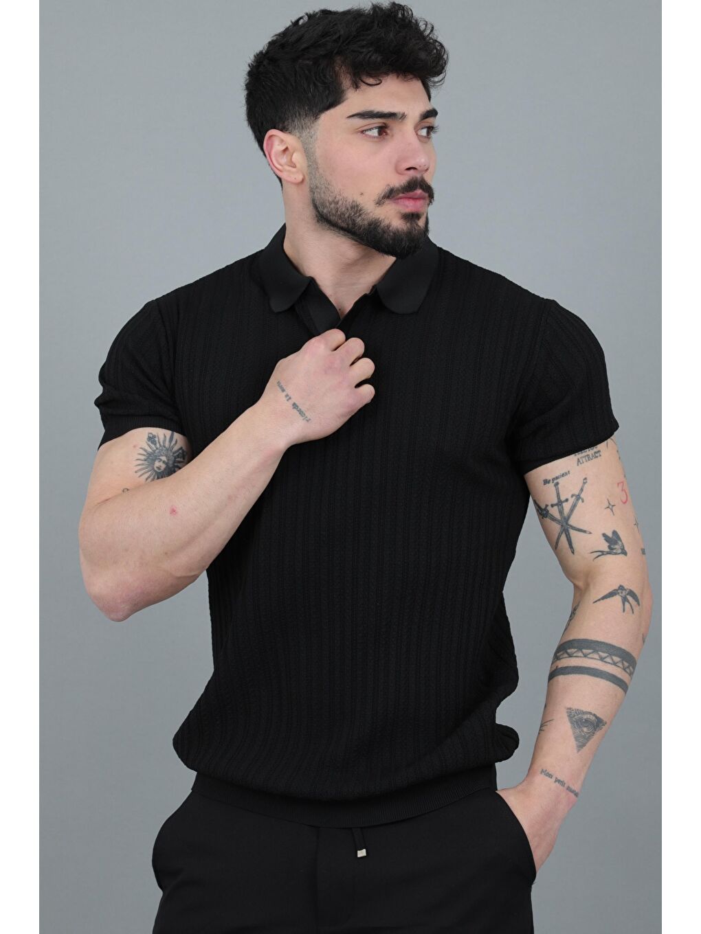 Siyah Apaç Yaka Örgü Triko Tişört JRX 5003_30495-3