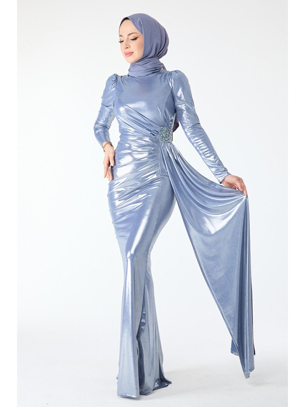 Düz Orta Kadın Gri Beli Taşlı Uzun Kol Abiye Elbise - 24411