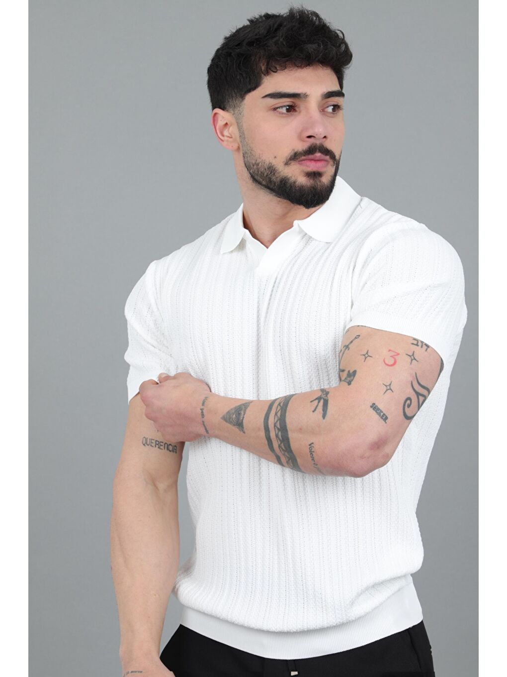 Beyaz Apaç Yaka Örgü Triko Tişört JRX 5003_30495-2