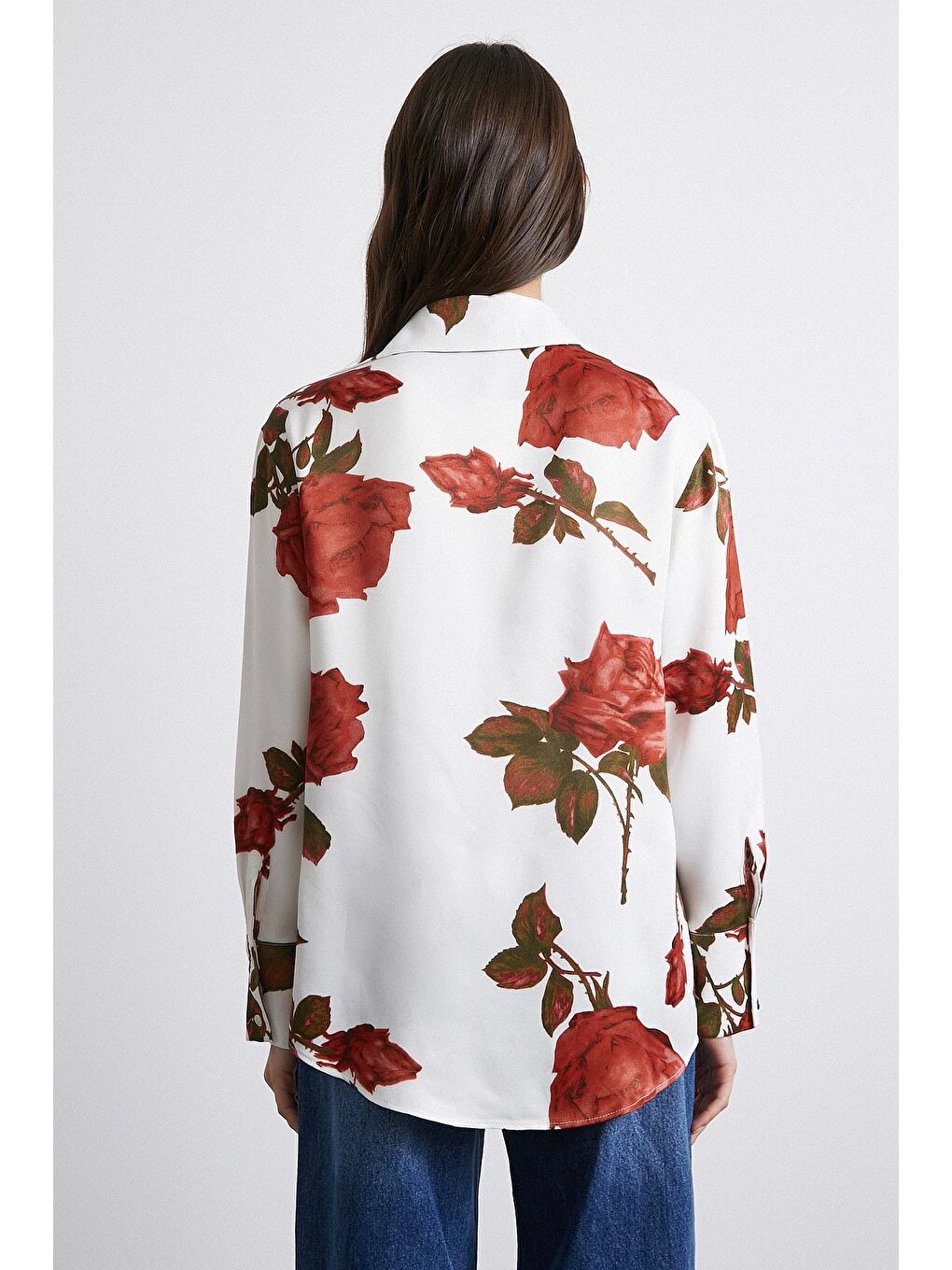 Gül Baskılı Saten Gömlek Beyaz-5