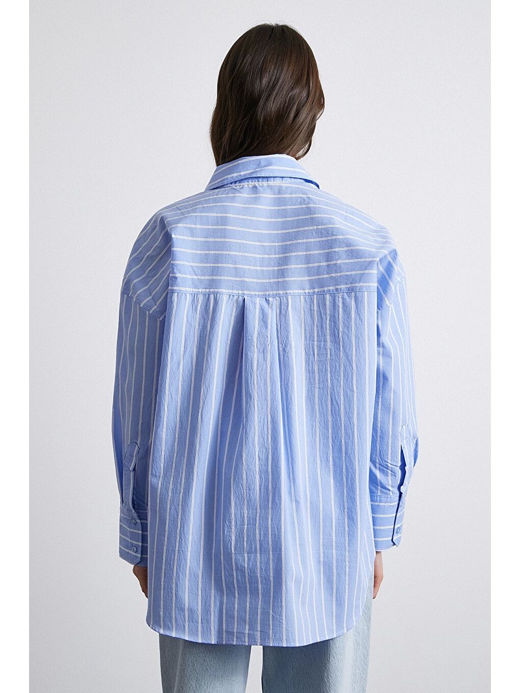 Basic Organik Pamuk Çizgili Gömlek Mavi-2