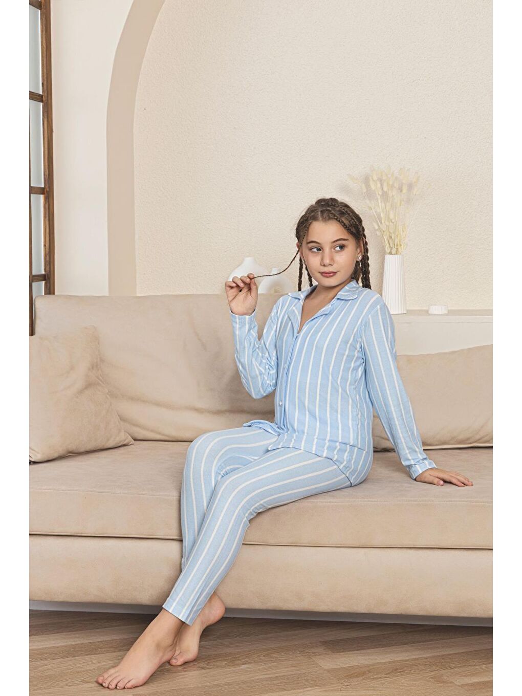 Kız Çocuk Süet Önden Düğmeli Pijama Takım | Mavi P605-166